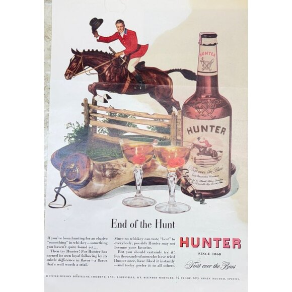 Hunter Fine Blended Whiskey Vintage Print Ad 40s Horse Jumping End of Hunt - Picture 6 of 6